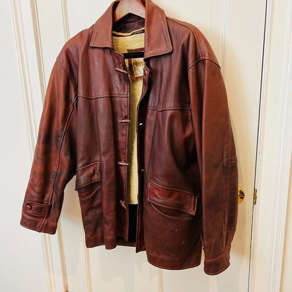 Vintage Here & Now NYC Outerwear Cognac Brown Heavy Weight Leather Jacket Coat - Picture 2 of 16